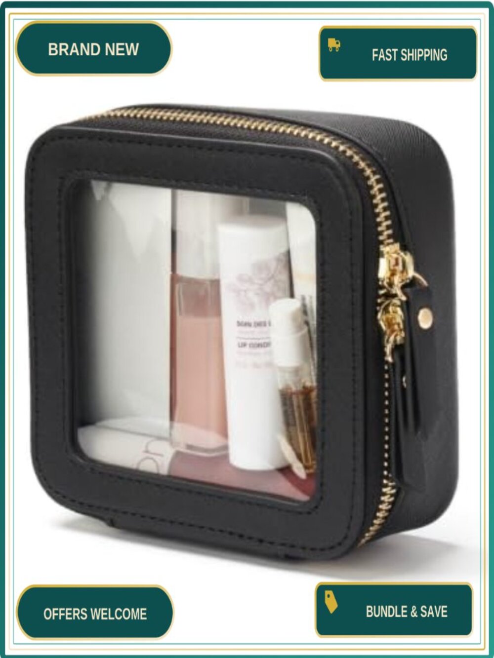 Clear TPU & Faux Leather Mini Cosmetic Bag Travel Makeup Case